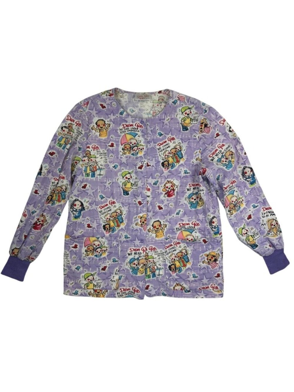 Dear God Kids Women's L Purple Cartoon Scrub Medical Top Shirt Snap Long Sleeve